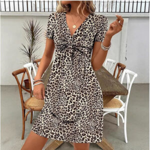 V-neck Knotted Ruched Waist Leopard Print Dress